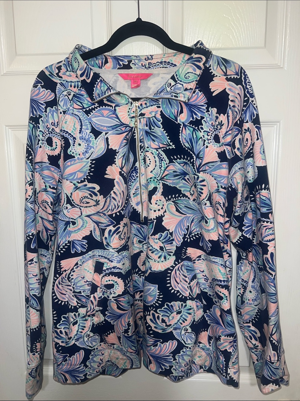 Lilly Pulitzer Navy Zip Pullover with Pink, Blue & Mint Floral Print